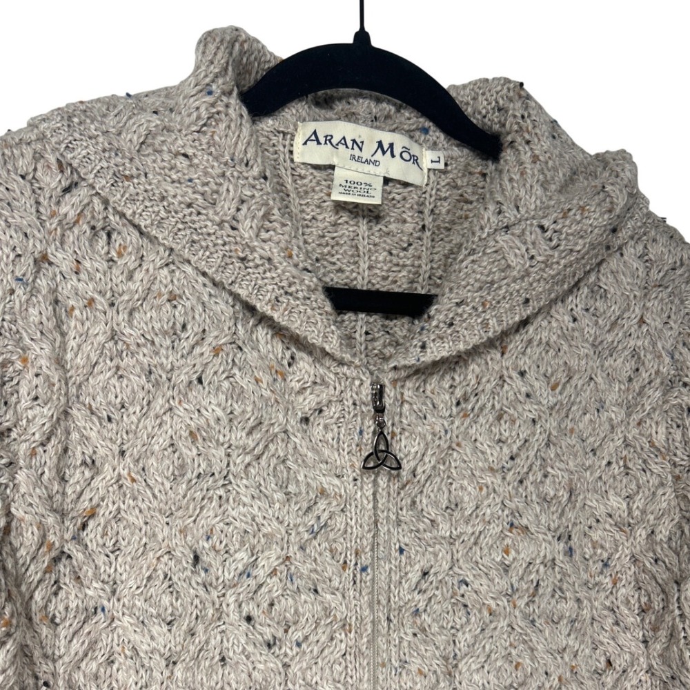 Aran Mor Ireland 100% Merino Wool Hooded Full Zip Sweater Beige Donegal Tweed L